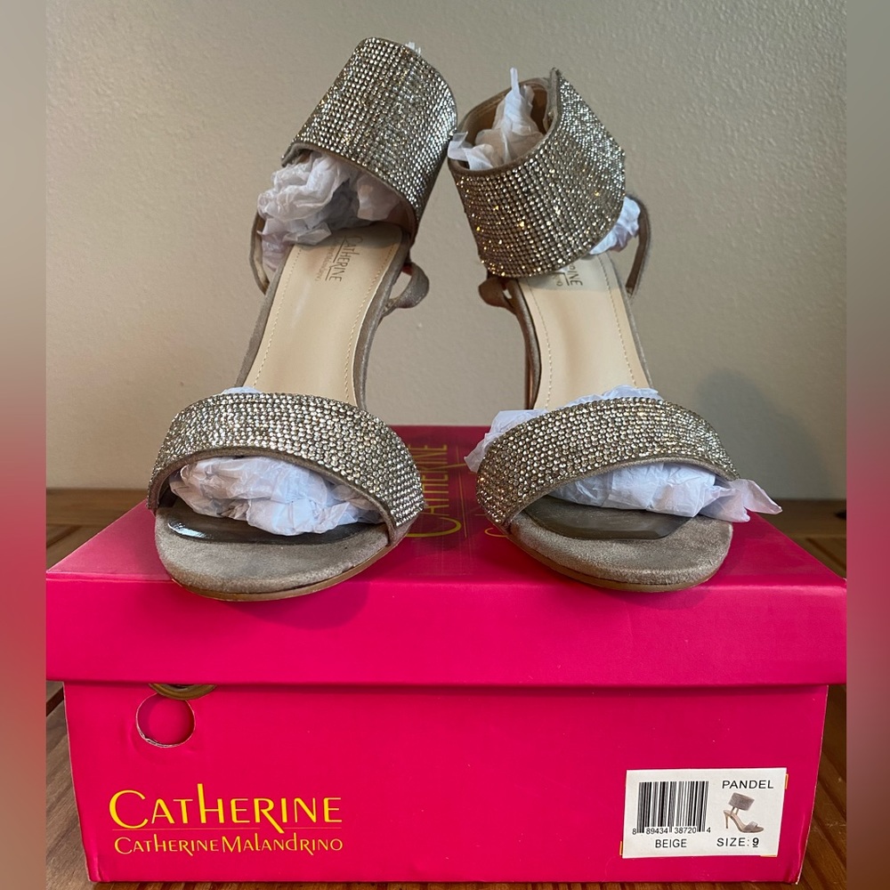 Catherine Mandel Pandel Stiletto Sandal in Beige Silver Rhinestone size 9